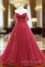 Burgundy Tulle Long Prom Dress, Burgundy Evening Dress
