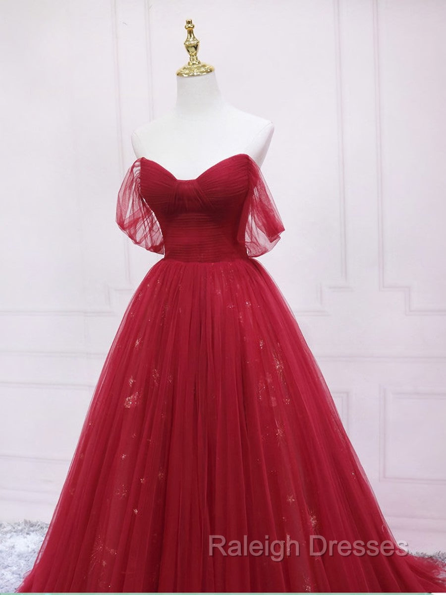 Burgundy Tulle Long Prom Dress, Burgundy Evening Dress