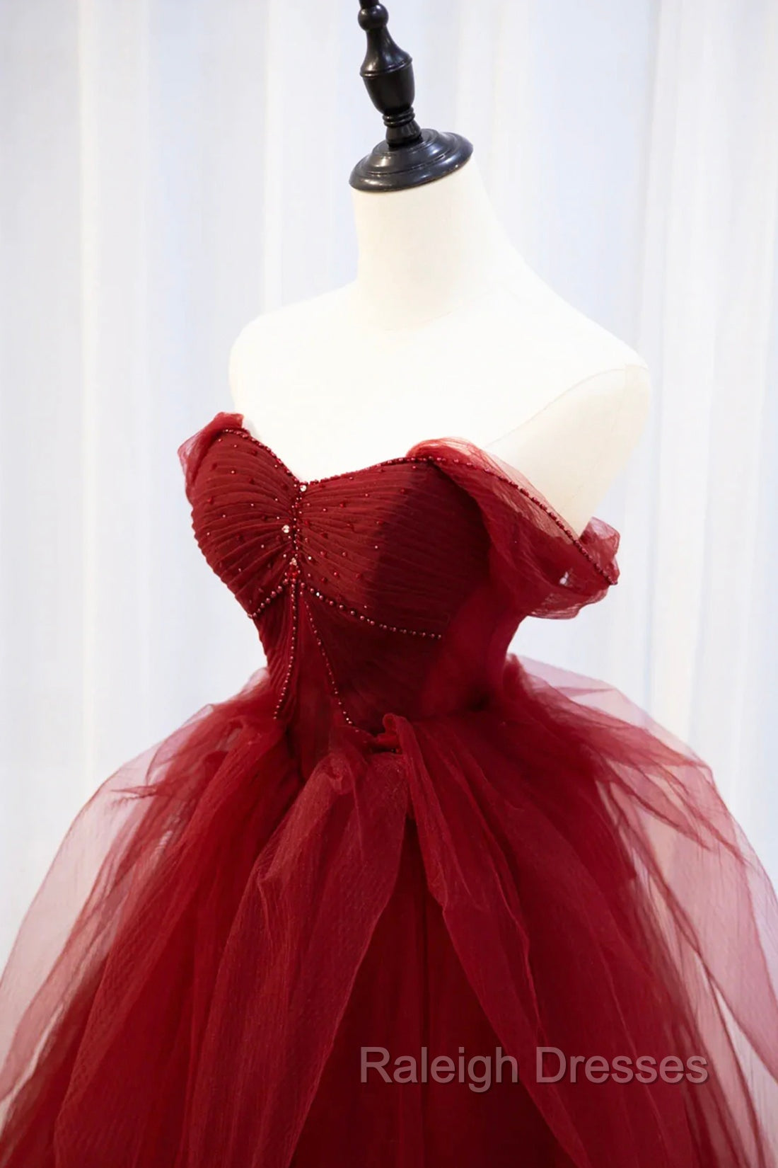 Burgundy Tulle Long Prom Dress with Beaded, Burgundy Off Shoulder Evening Dress Secondary image