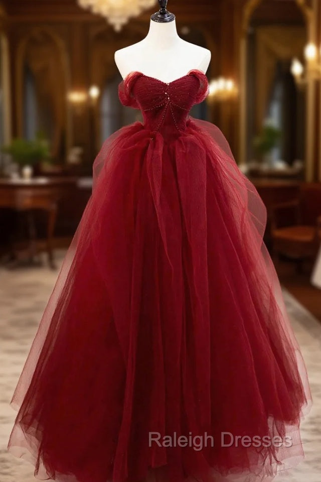Burgundy Tulle Long Prom Dress with Beaded, Burgundy Off Shoulder Evening Dress Main image