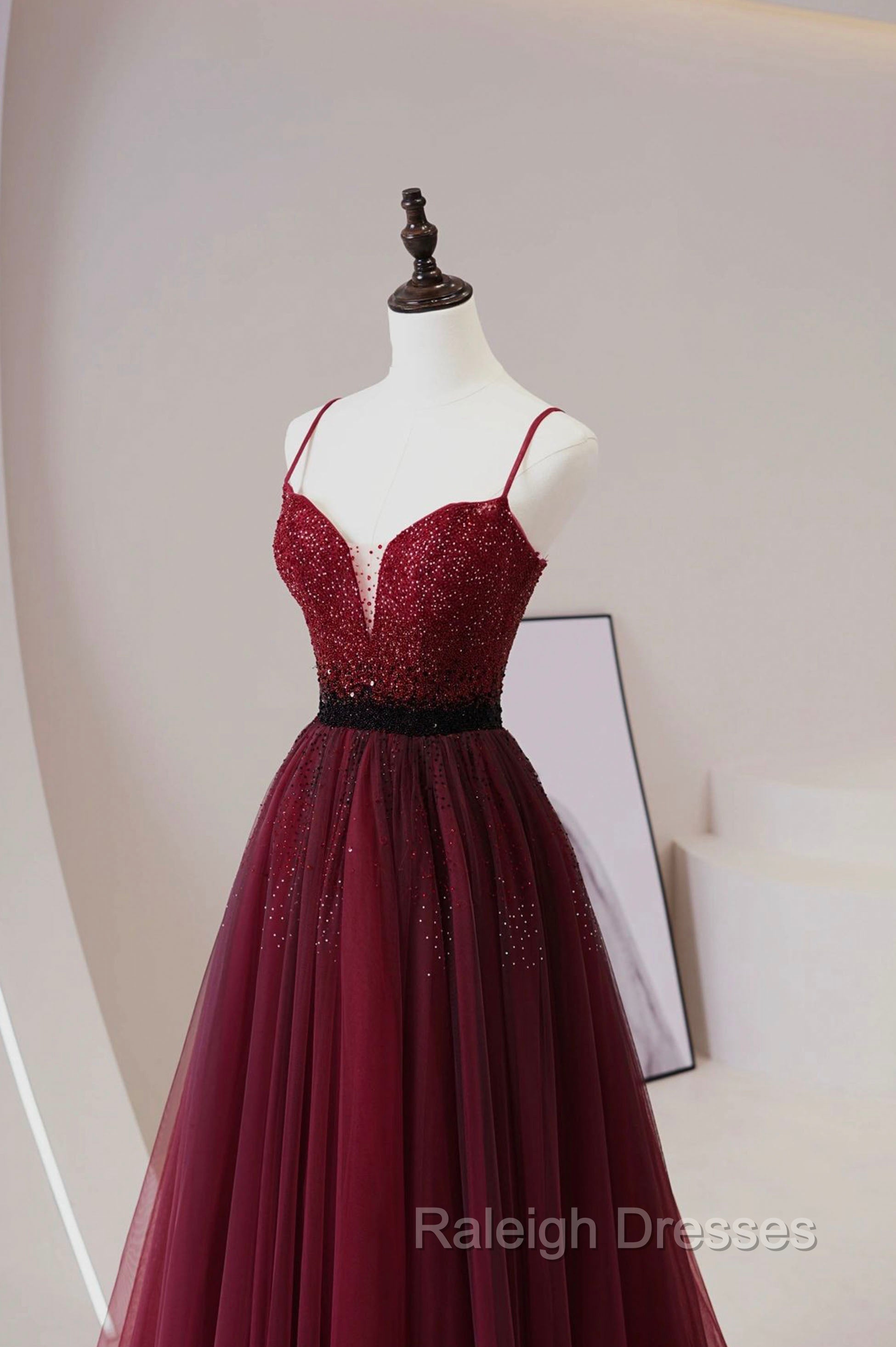 Burgundy Tulle Long Prom Dress with Beaded, Spaghetti Straps Prom Dres