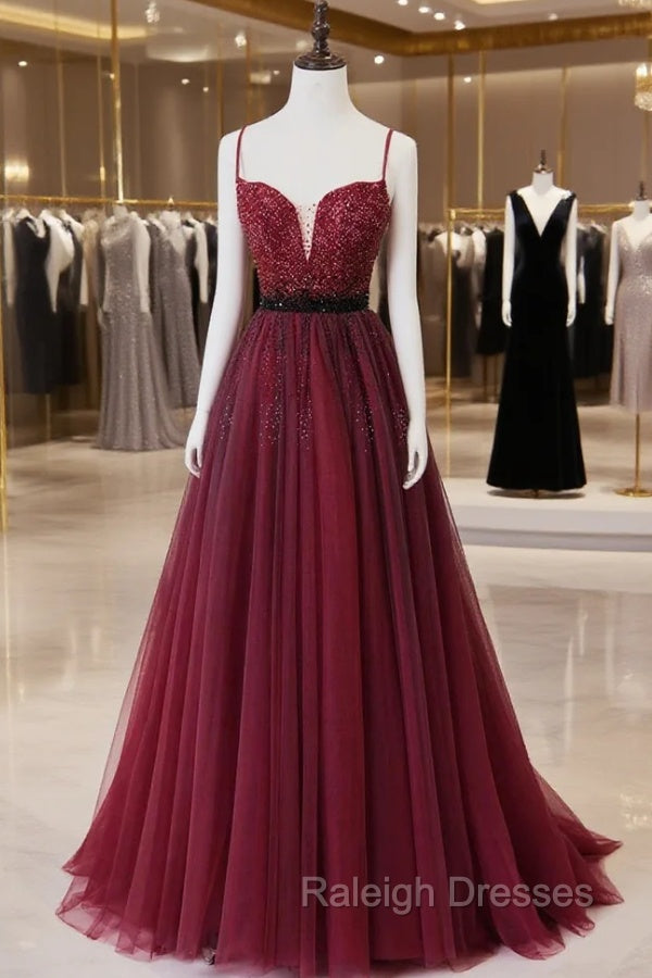 Burgundy Tulle Long Prom Dress with Beaded, Spaghetti Straps Evening Dress