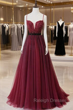 Burgundy Tulle Long Prom Dress with Beaded, Spaghetti Straps Prom Dress
