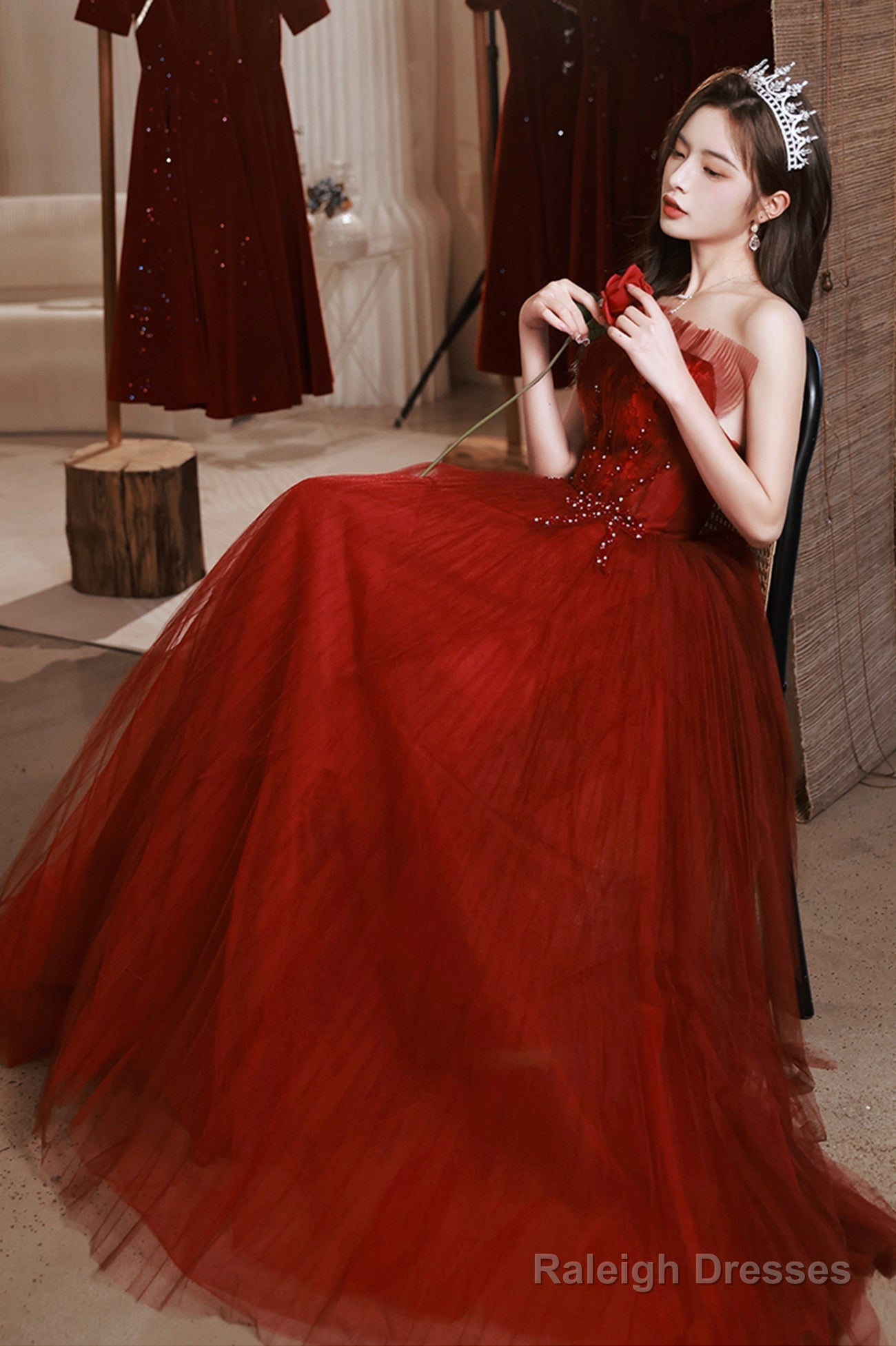 Burgundy Tulle Long Prom Dress With Lace, A-Line Strapless Evening Dress