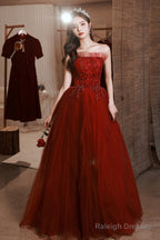 Burgundy Tulle Long Prom Dress With Lace, A-Line Strapless Evening Dress