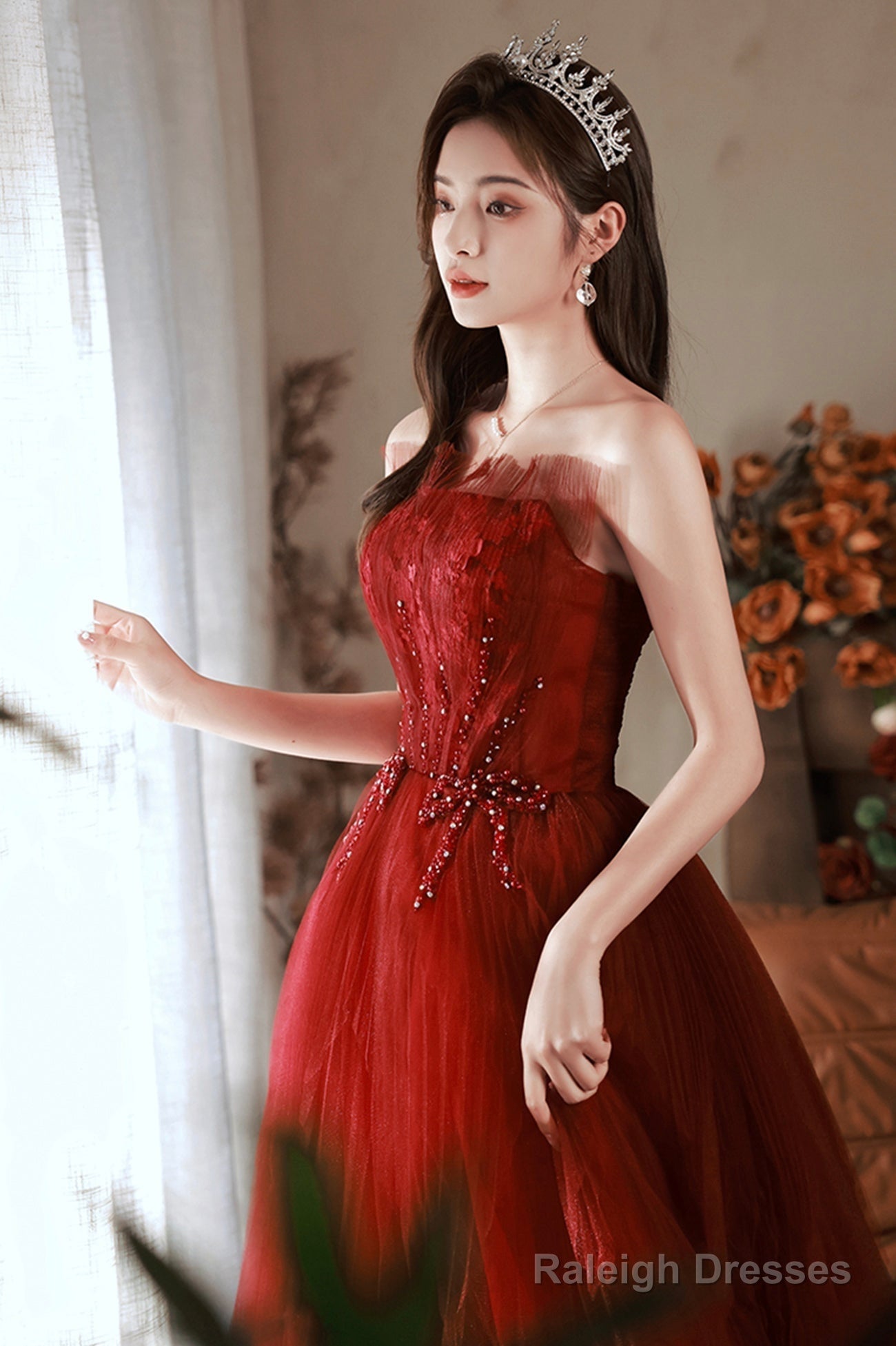 Burgundy Tulle Long Prom Dress With Lace, A-Line Strapless Evening Dress