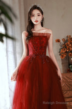 Burgundy Tulle Prom Dresses Long With Lace A-Line Strapless Prom Dresses
