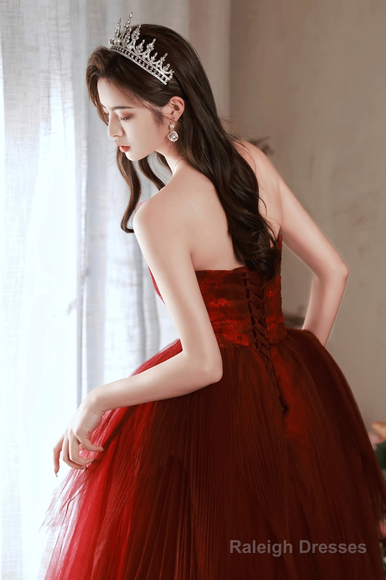 Burgundy Tulle Long Prom Dress With Lace, A-Line Strapless Evening Dress