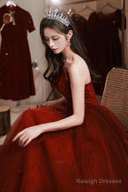 Burgundy Tulle Long Prom Dress With Lace, A-Line Strapless Evening Dress