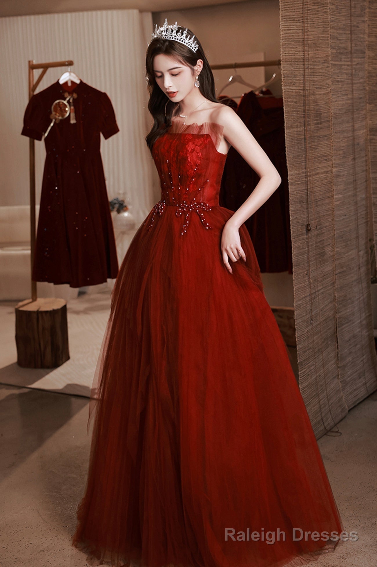 Burgundy Tulle Prom Dresses Long With Lace A-Line Strapless Prom Dresses