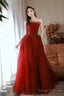 Burgundy Tulle Prom Dresses Long With Lace A-Line Strapless Prom Dresses
