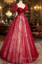 Burgundy Tulle Long Prom Dress with Sequins, A Line Short Sleeve Prom Dress