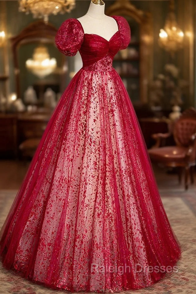 Burgundy Tulle Long Prom Dress with Sequins, A Line Short Sleeve Prom Dress