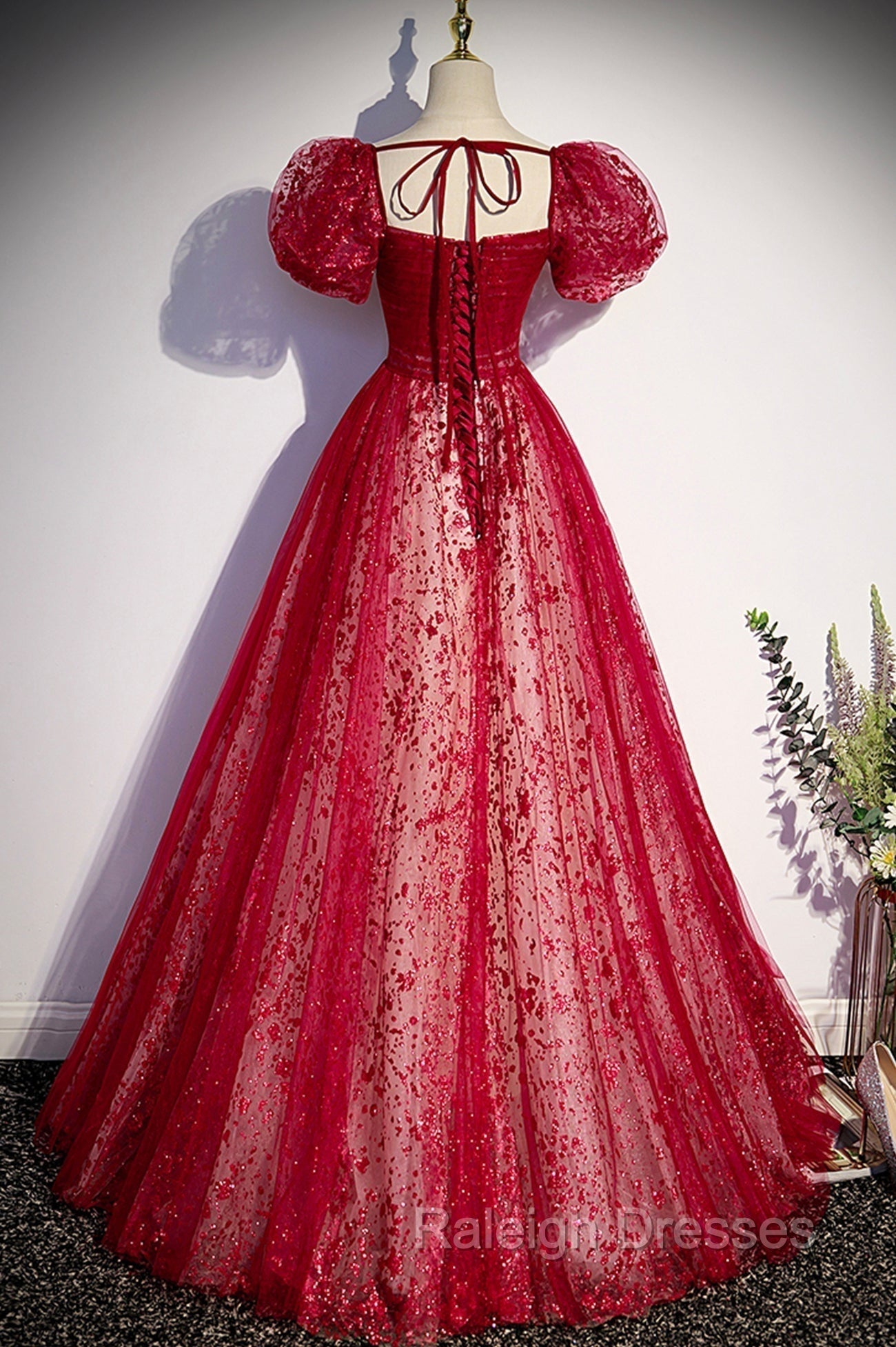 Burgundy Tulle Long Prom Dress with Sequins, A Line Short Sleeve Prom Dress