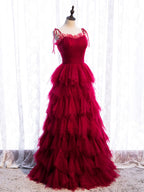 Burgundy Tulle Long Formal Prom Dress, Burgundy Formal Graduation Dress