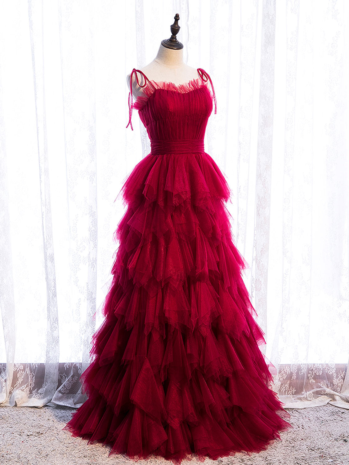 Burgundy Tulle Long Formal Prom Dress, Burgundy Formal Graduation Dress