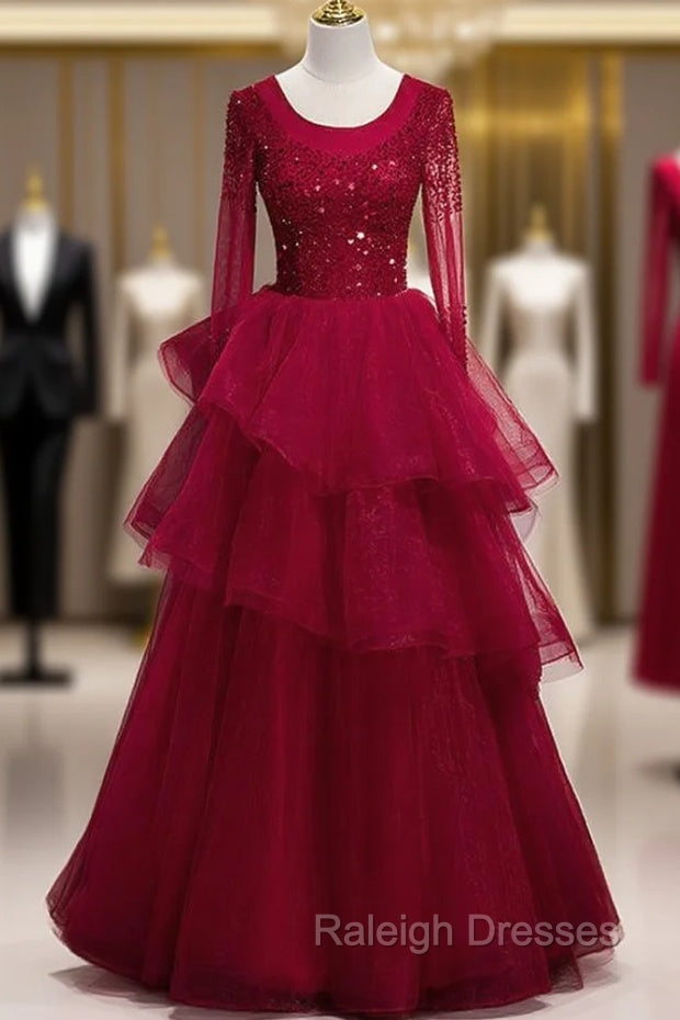 Burgundy Tulle Long Sleeve Beading Prom Dress