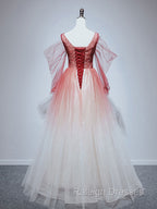 Burgundy Tulle Off Shoulder Beads Long Prom Dress, Burgundy Evening Dress