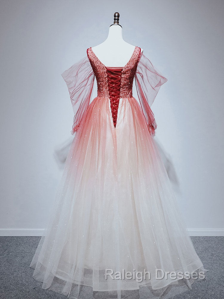 Burgundy Tulle Off Shoulder Beads Long Prom Dress, Burgundy Evening Dress