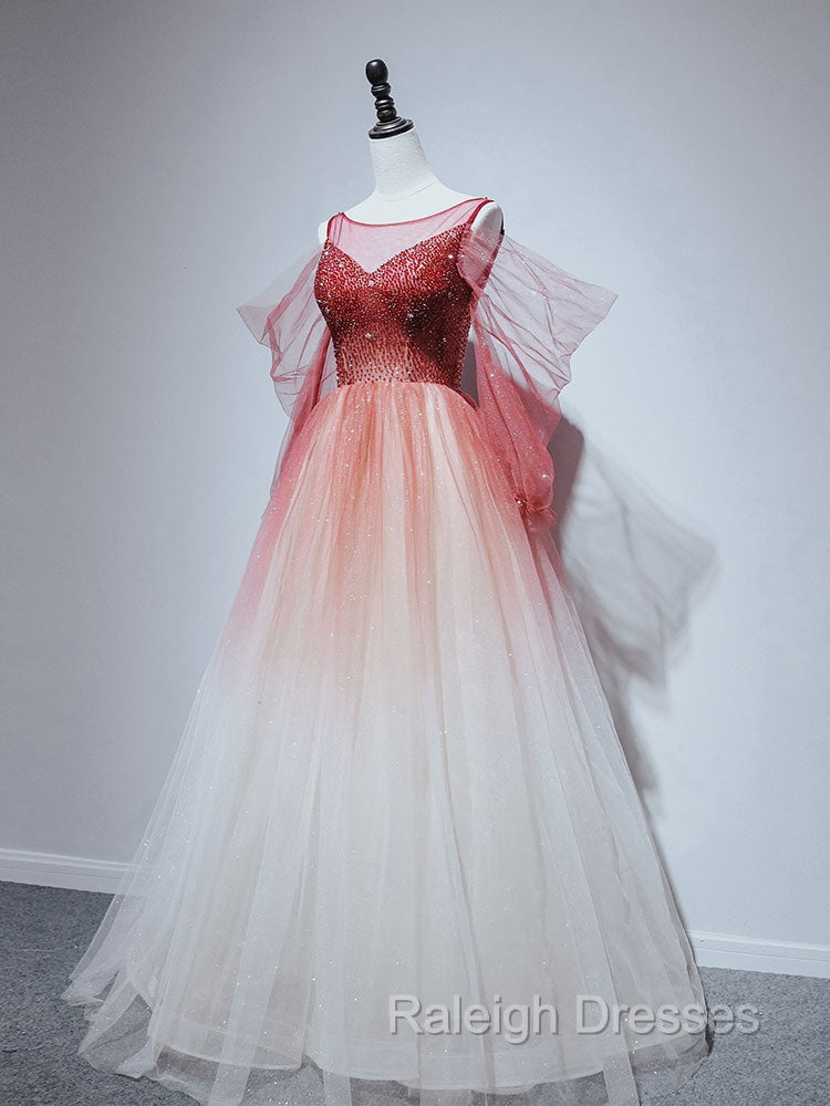 Burgundy Tulle Off Shoulder Beads Long Prom Dress, Burgundy Evening Dress