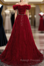 Burgundy Tulle Off Shoulder Long Prom Dress, Burgundy Evening Dress