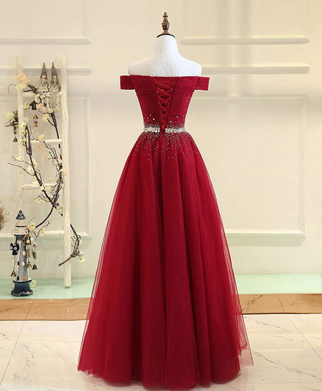Burgundy Tulle Off Shoulder Long Prom Dress, Burgundy Evening Dress