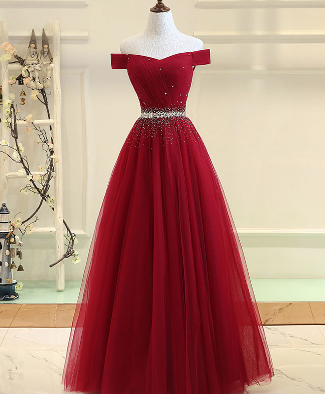 Burgundy Tulle Off Shoulder Long Prom Dress, Burgundy Evening Dress Main image