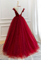 Burgundy Tulle Off Shoulder Long Prom Dress, Burgundy Tulle Formal Dress