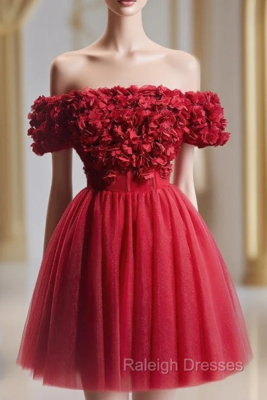 Burgundy Tulle Off the Shoulder 3D Flower Homecoming Dress Main image