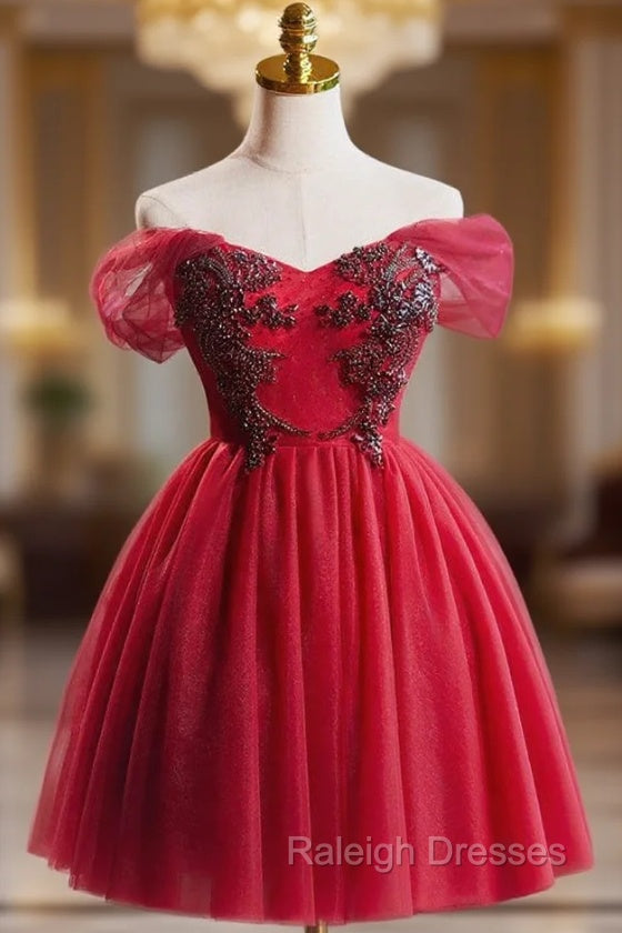 Burgundy Tulle Off the Shoulder Beading Homecoming Dress
