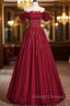 Burgundy Tulle Off the Shoulder Beading Pleats Prom Dress