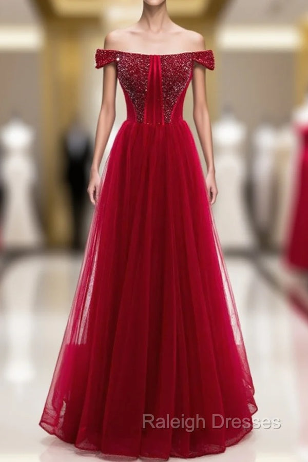 Burgundy Tulle Off the Shoulder Beading Prom Dress Main image