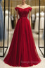 Burgundy Tulle Off the Shoulder Beading Prom Dresses