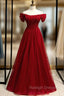 Burgundy Tulle Off the Shoulder Beading Sequins Prom Dress