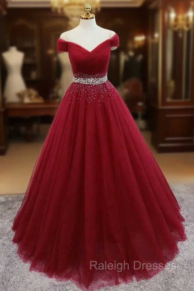Burgundy Tulle Off the Shoulder Pleats Beading Prom Dress Main image