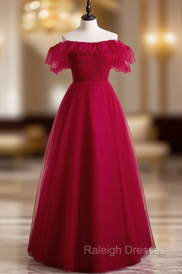 Burgundy Tulle Off the Shoulder Pleats Prom Dress Main image