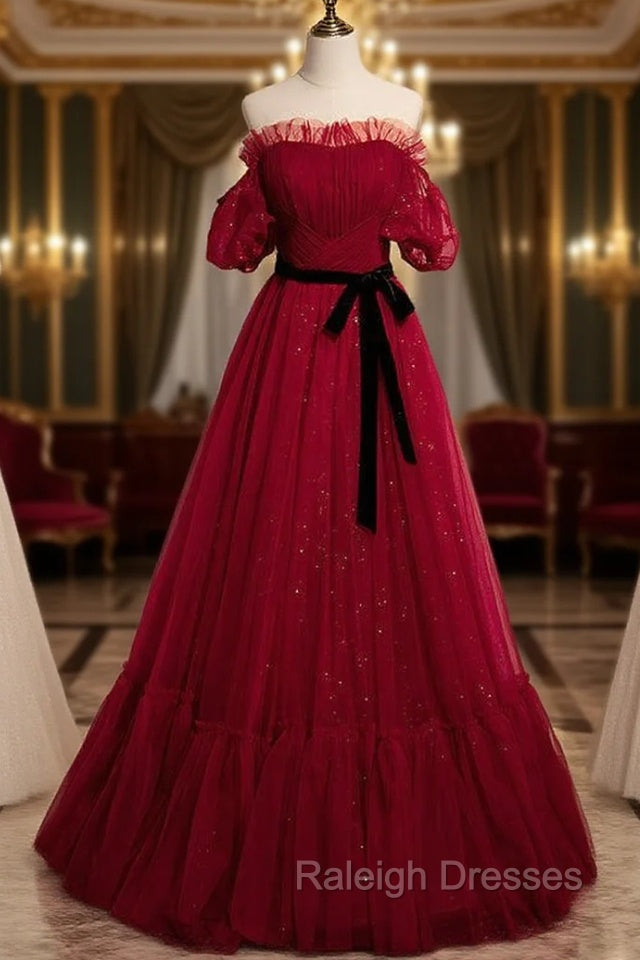 Burgundy Tulle Off the Shoulder Pleats Puff Sleeve Prom Dress