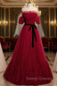 Burgundy Tulle Off the Shoulder Pleats Puff Sleeve Prom Dress