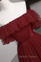 Burgundy Tulle Off the Shoulder Prom Dress, Long A-Line Evening Dress