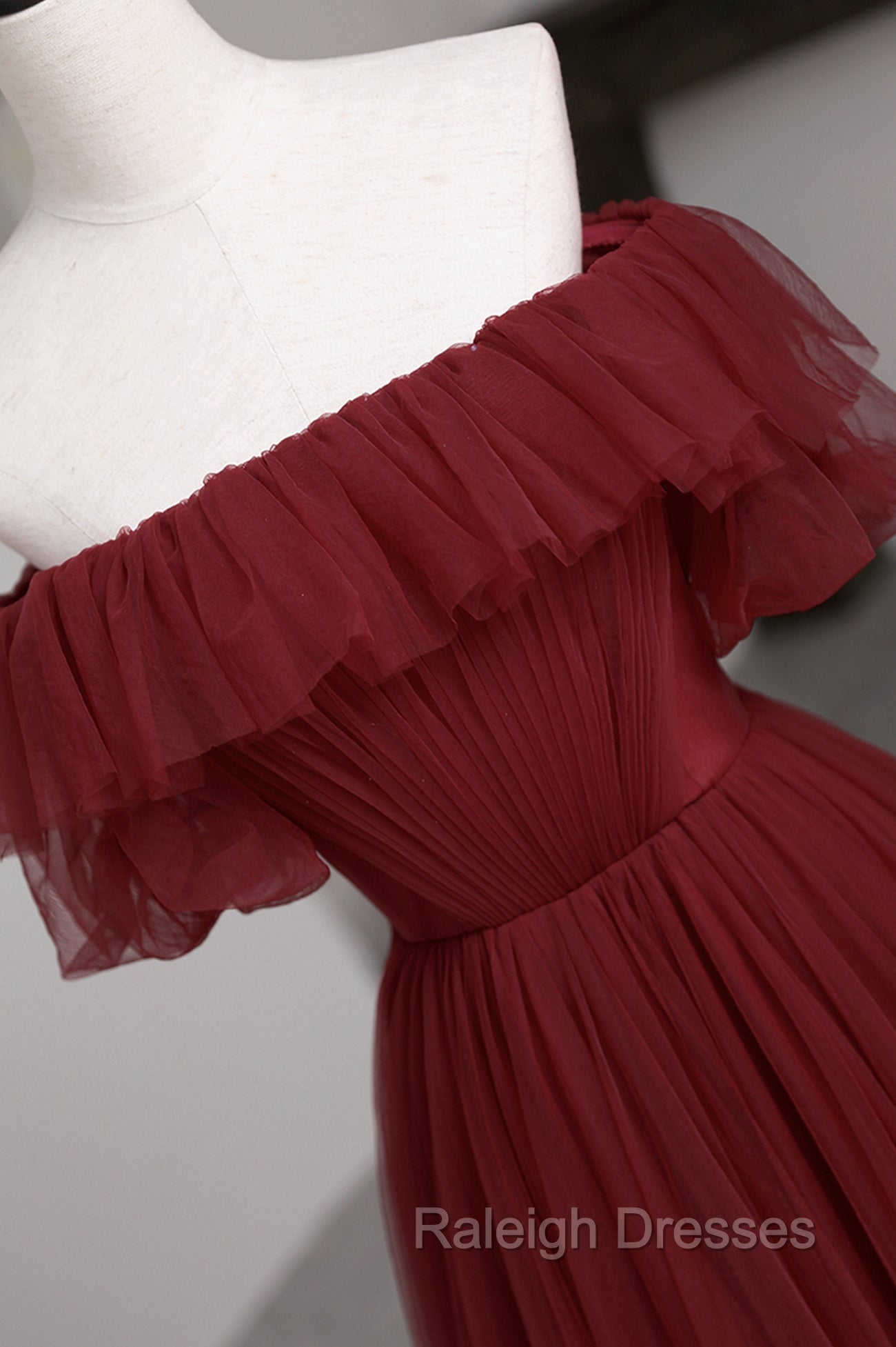 Burgundy Tulle Off the Shoulder Prom Dress, Long A-Line Evening Dress