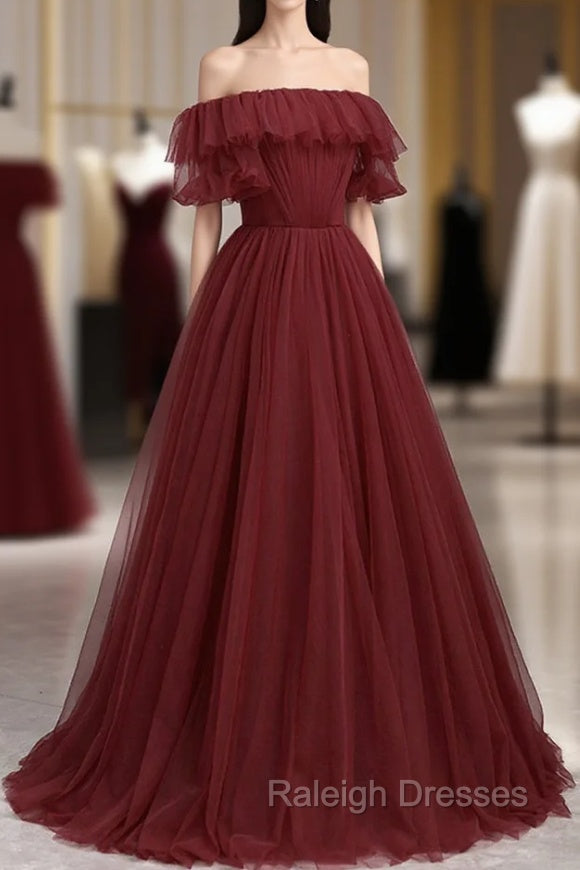 Burgundy Tulle Off the Shoulder Prom Dress, Long A-Line Evening Dress