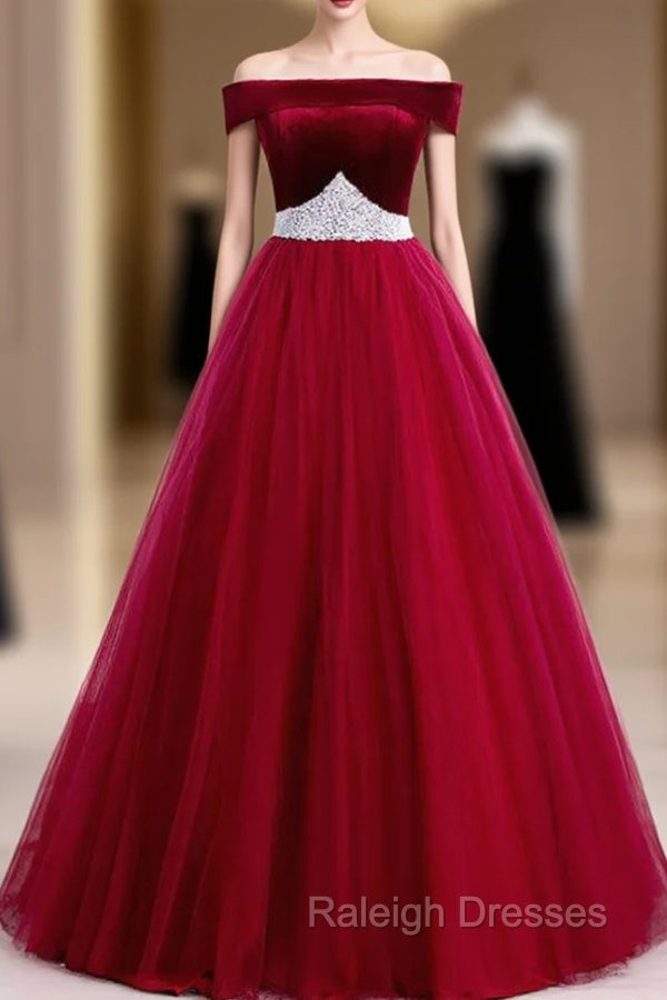 Burgundy Tulle Off the Shoulder Prom Dress With Pearls 2020
