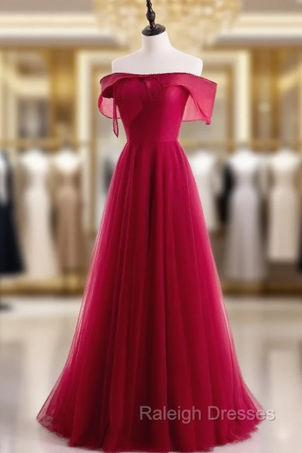 Burgundy Tulle Pearls Off the Shoulder Prom Dress