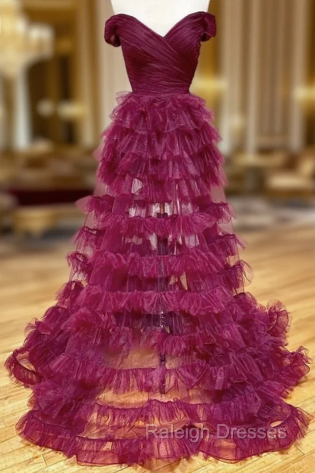 Burgundy Tulle Pleats Off the Shoulder Prom Dress Main image