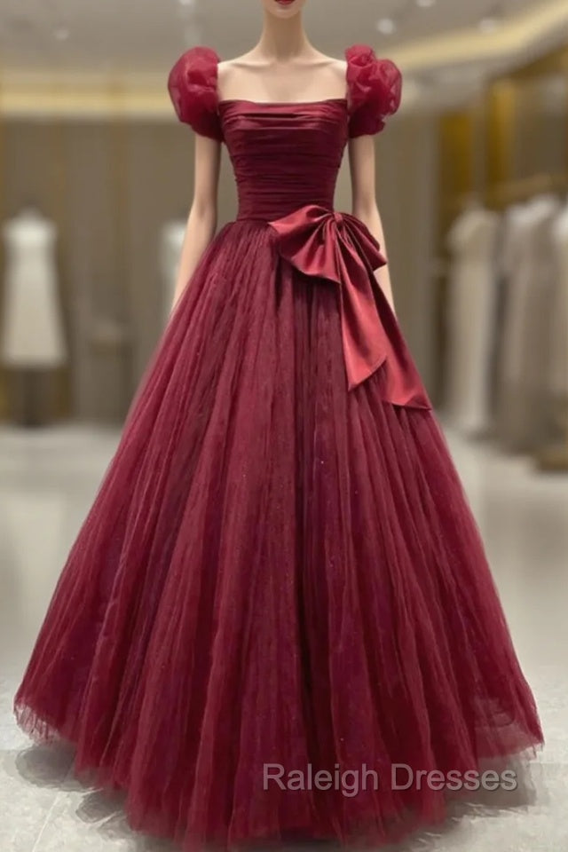 Burgundy Tulle Pleats Prom Dress