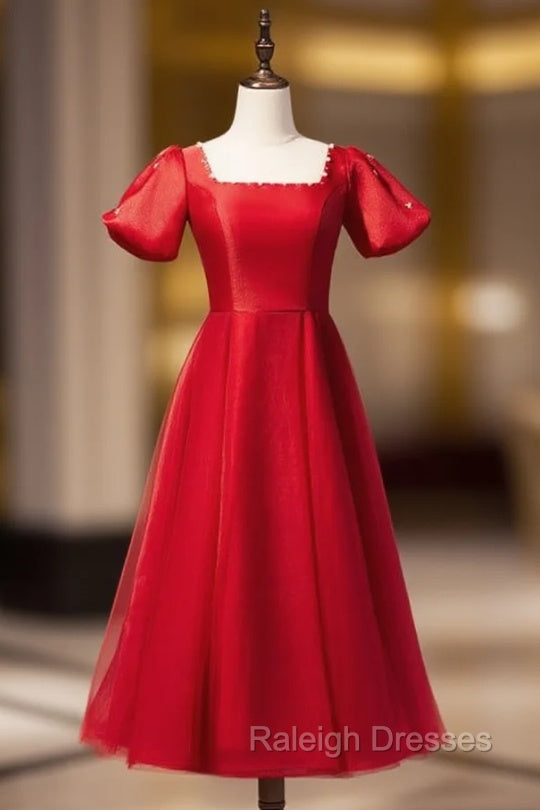 Burgundy Tulle Puff Sleeve Backless Pearls Prom Dress Main image