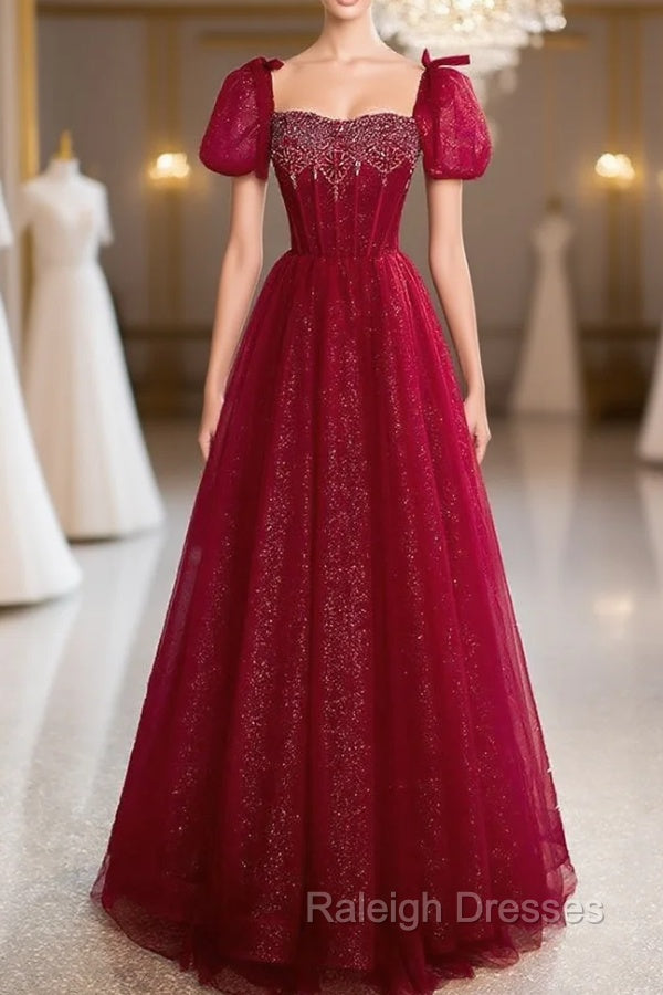 Burgundy Tulle Puff Sleeve Beading Prom Dress
