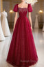 Burgundy Tulle Puff Sleeve Beading Prom Dress