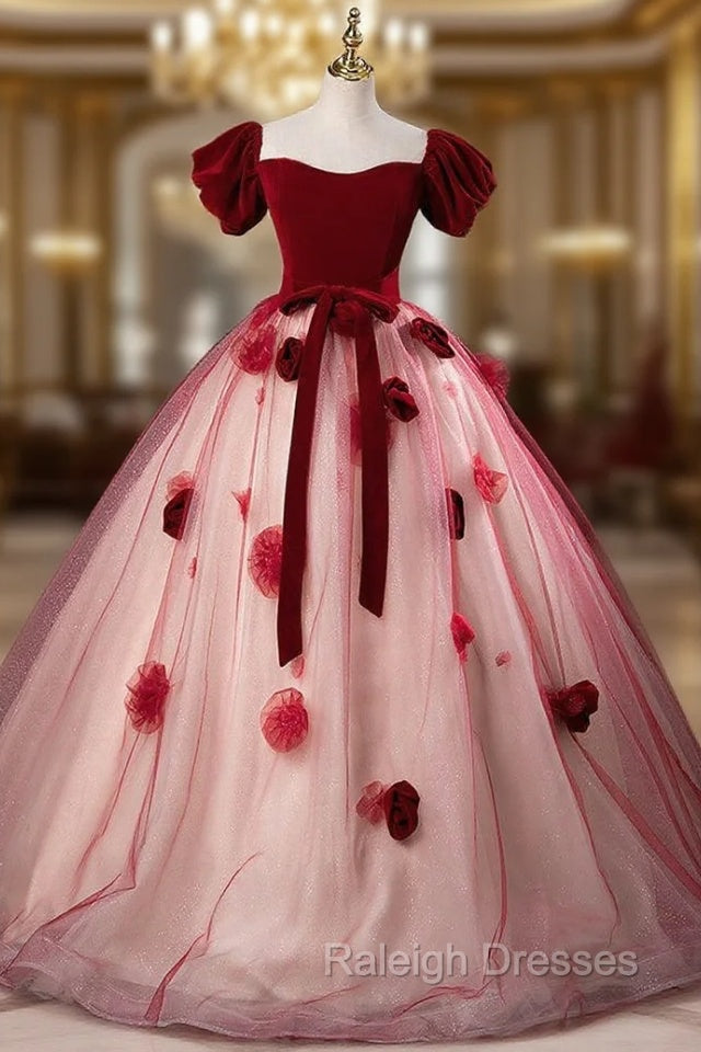 Burgundy Tulle Puff Sleeve Off the Shoulder Quinceanera Dress Main image