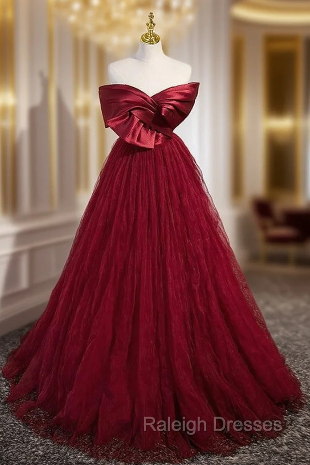 Burgundy Tulle Satin Off the Shoulder Prom Dress Main image